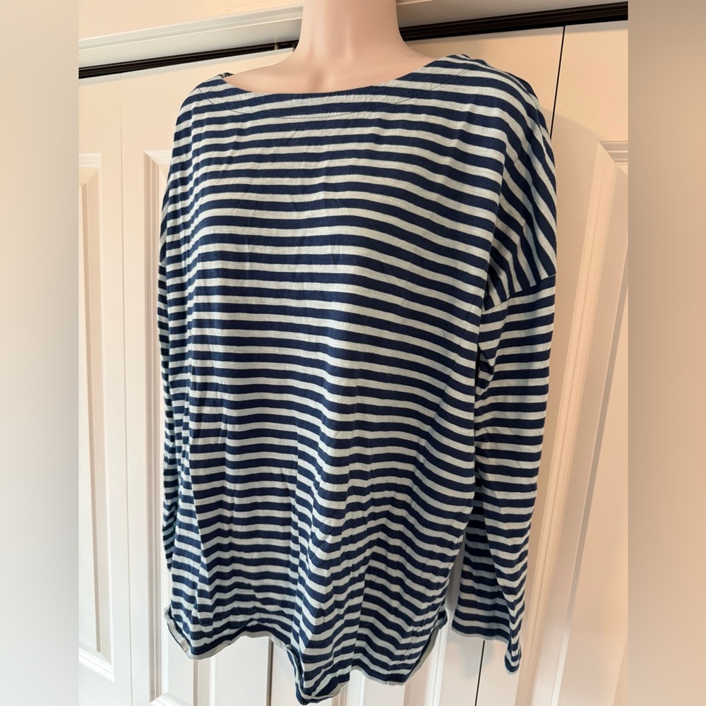 J Jill navy blue stripe boatneck casual shirt top large L